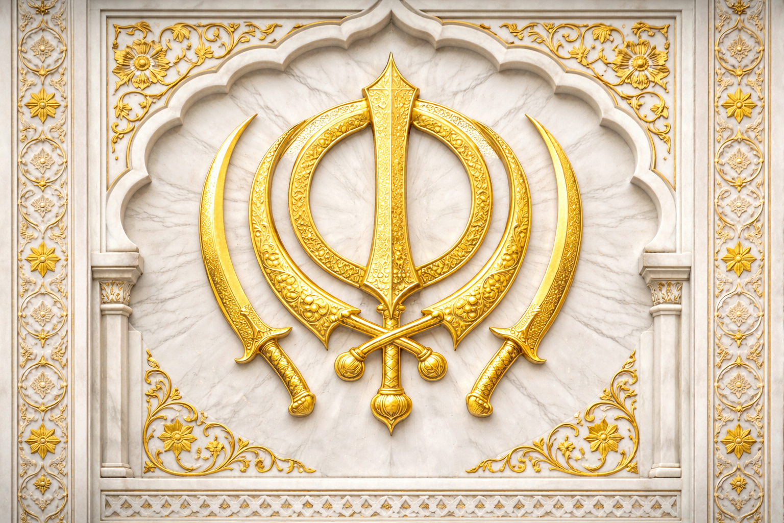 Khanda Emblem — White Marble with Gold Leaf Accents